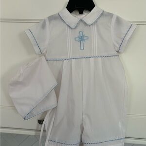 White christening/baptism Baby Romper with Blue Cross Embroidery